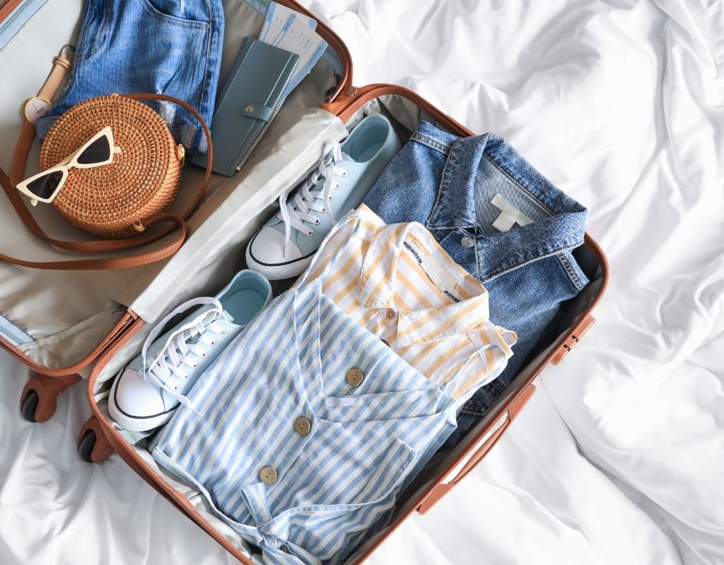 A suitcase organized for a European vacation, including comfortable shoes, lightweight clothes, and travel accessories, perfect for checking off items on your checklist to travel to Europe.