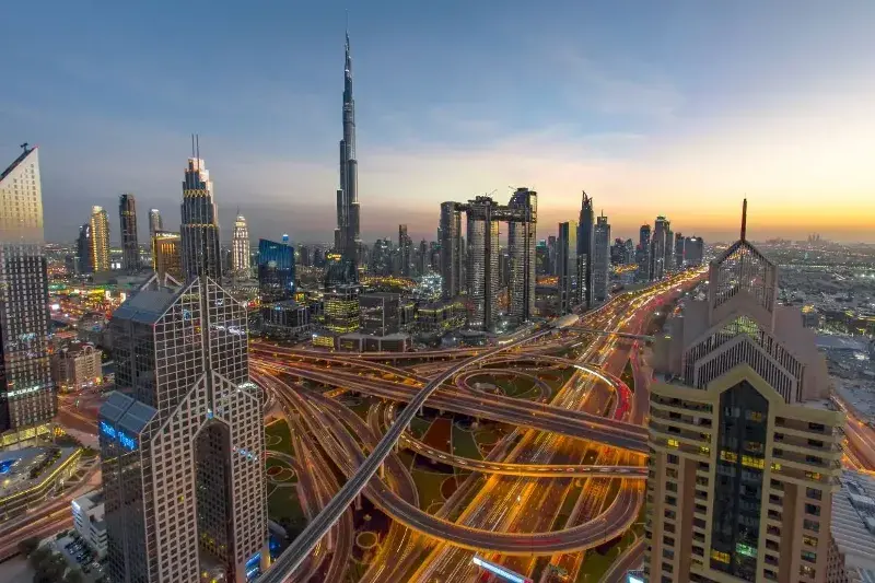 Dubai from above at sunset.