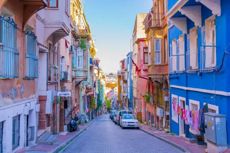 The colourful streets of Turkey at sunset on a beautiful sunny day.