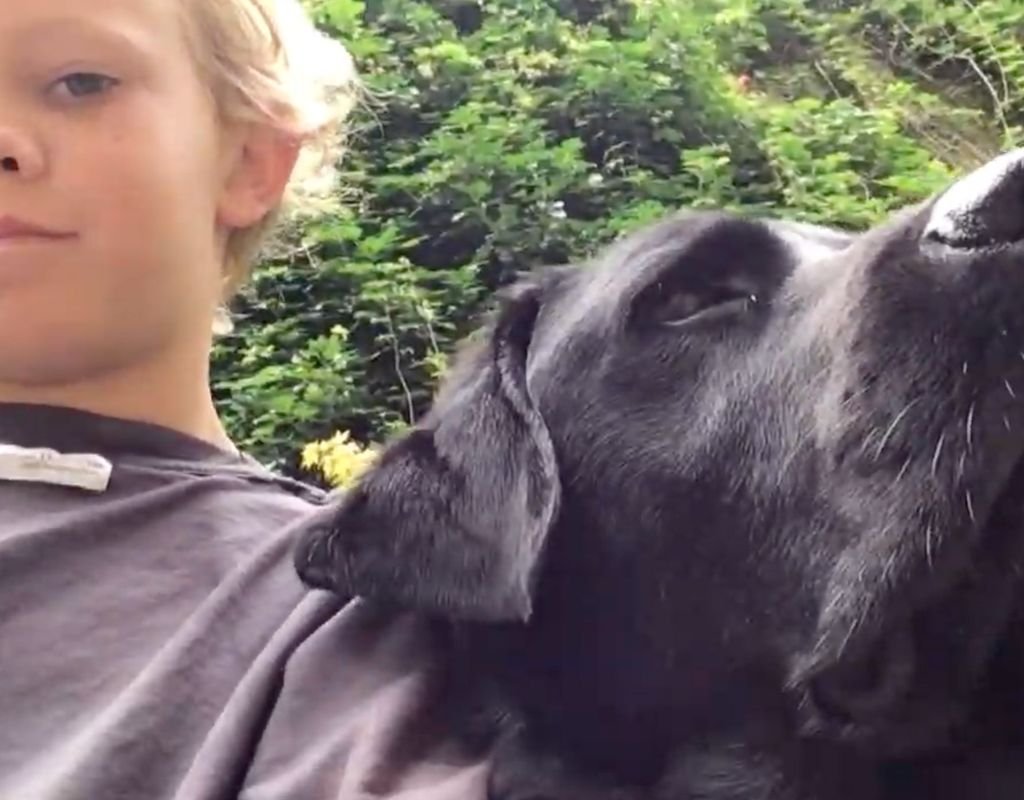 Boy with pet in the garden after arriving at the final destination