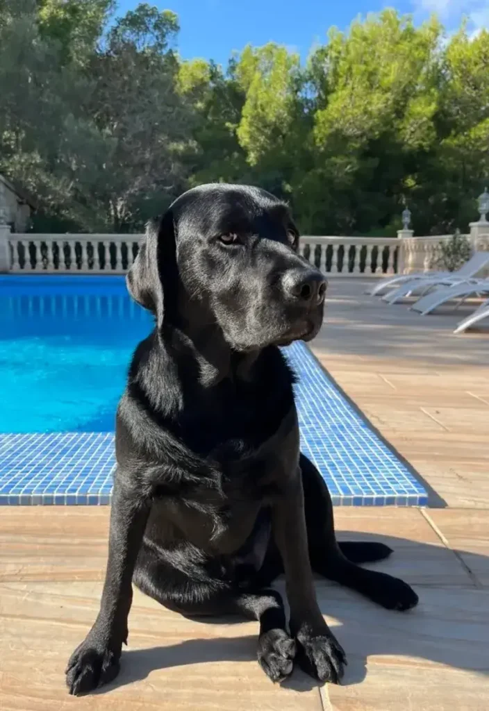 Our black lab Mo in Mallorca by the outdoor pool on a sunny day