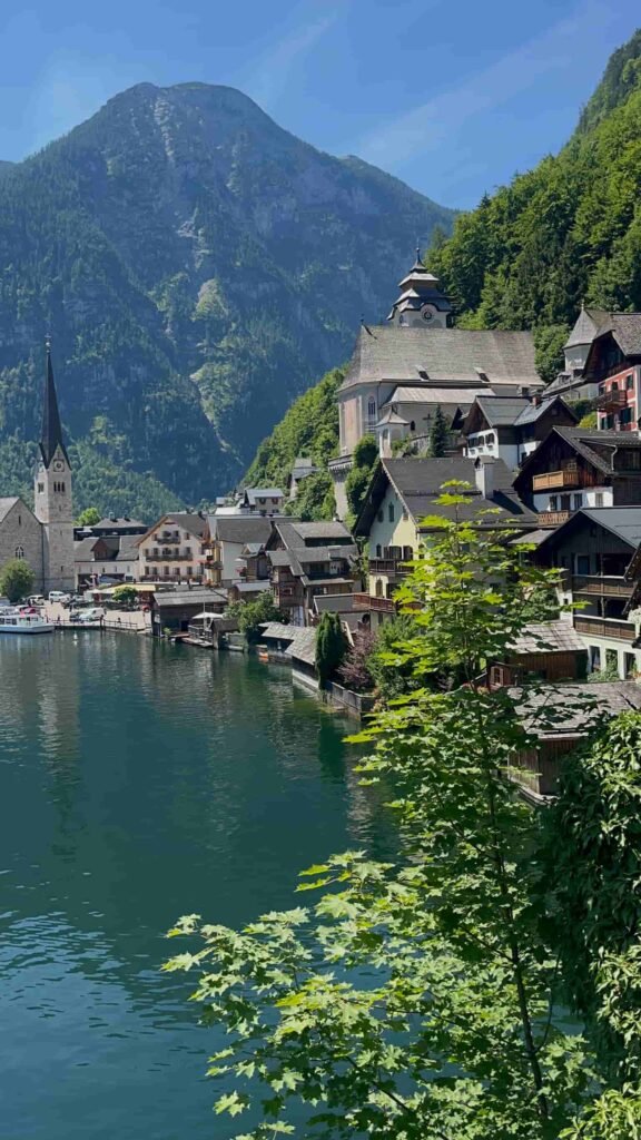 The town of Halstatt with its small buildings near the mountains.