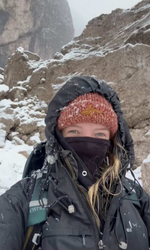 My daughter wearing her hiking gears in Dolomites.