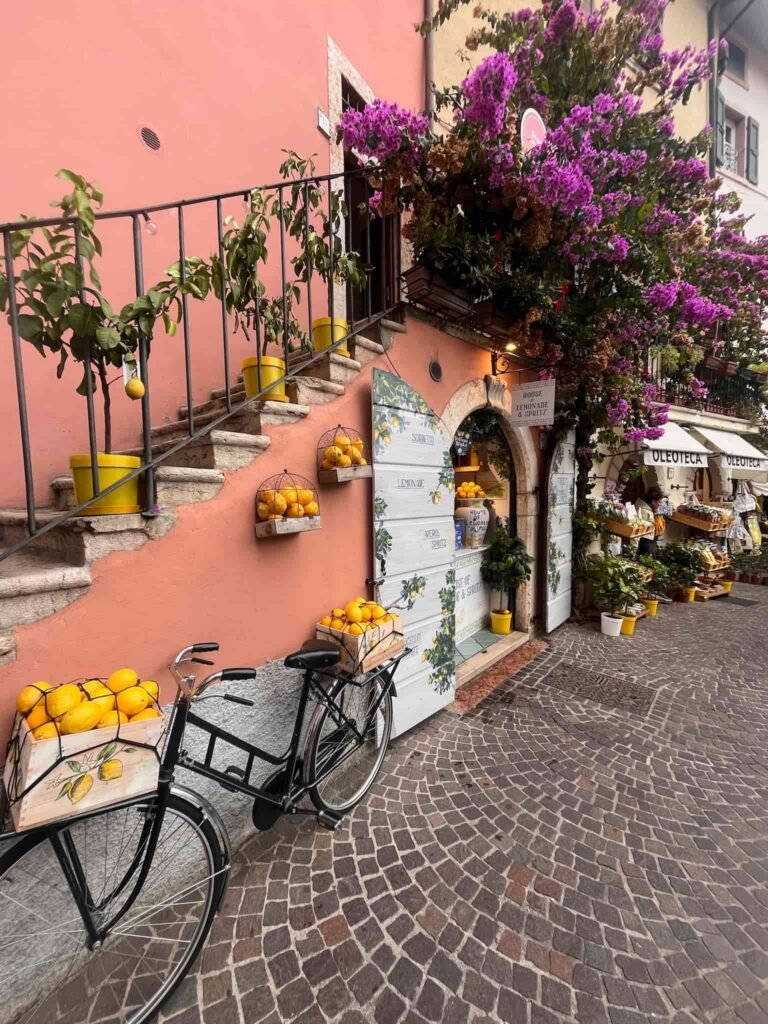 Beautiful view on the street in Limone with a bike.