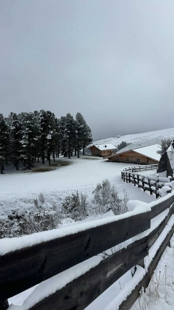 Ranch in Dolomites covered with snow.