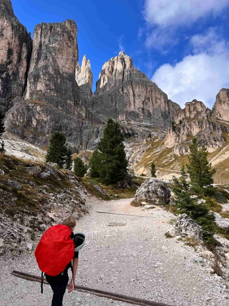 Hiking at Rosengarten in Dolomites.