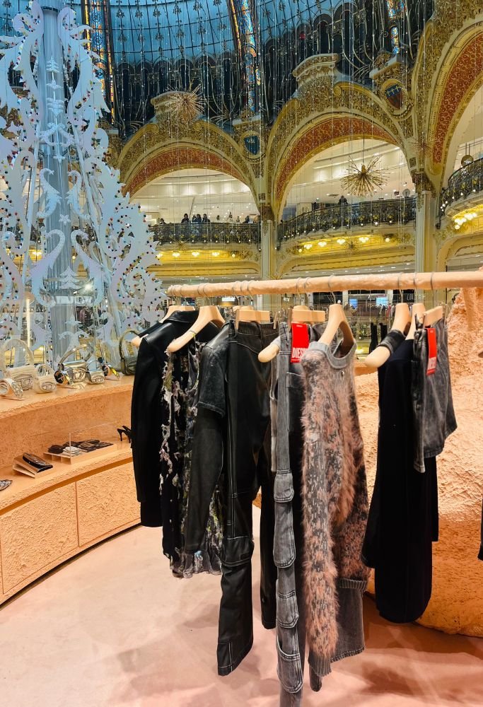 A chic Parisian boutique showcasing stylish garments on wooden racks with intricate decor in the background